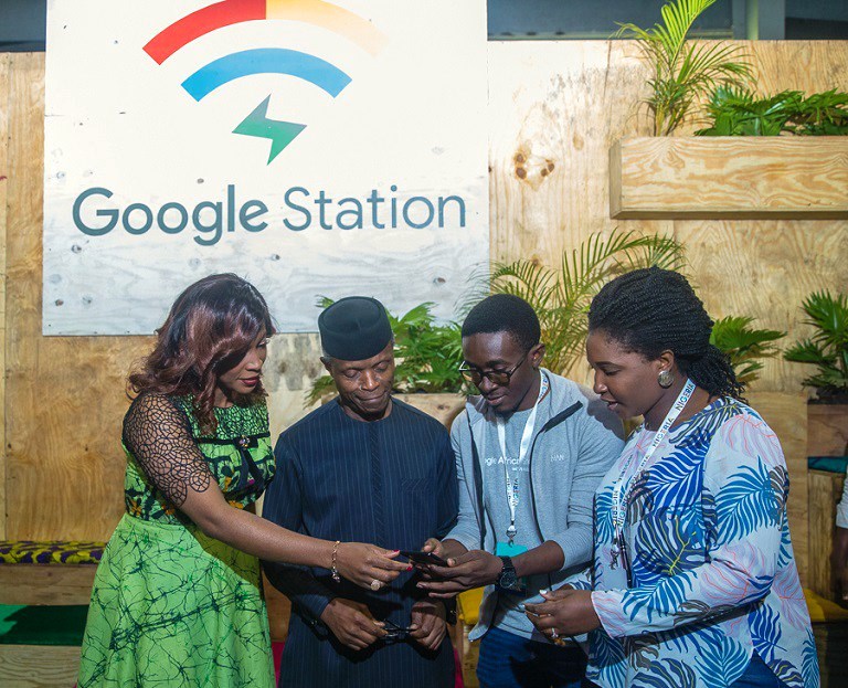 Google Nigeria Country Director, Juliet Ehimuan and the team with VP Osinbajo the launch of Google Station in Lagos