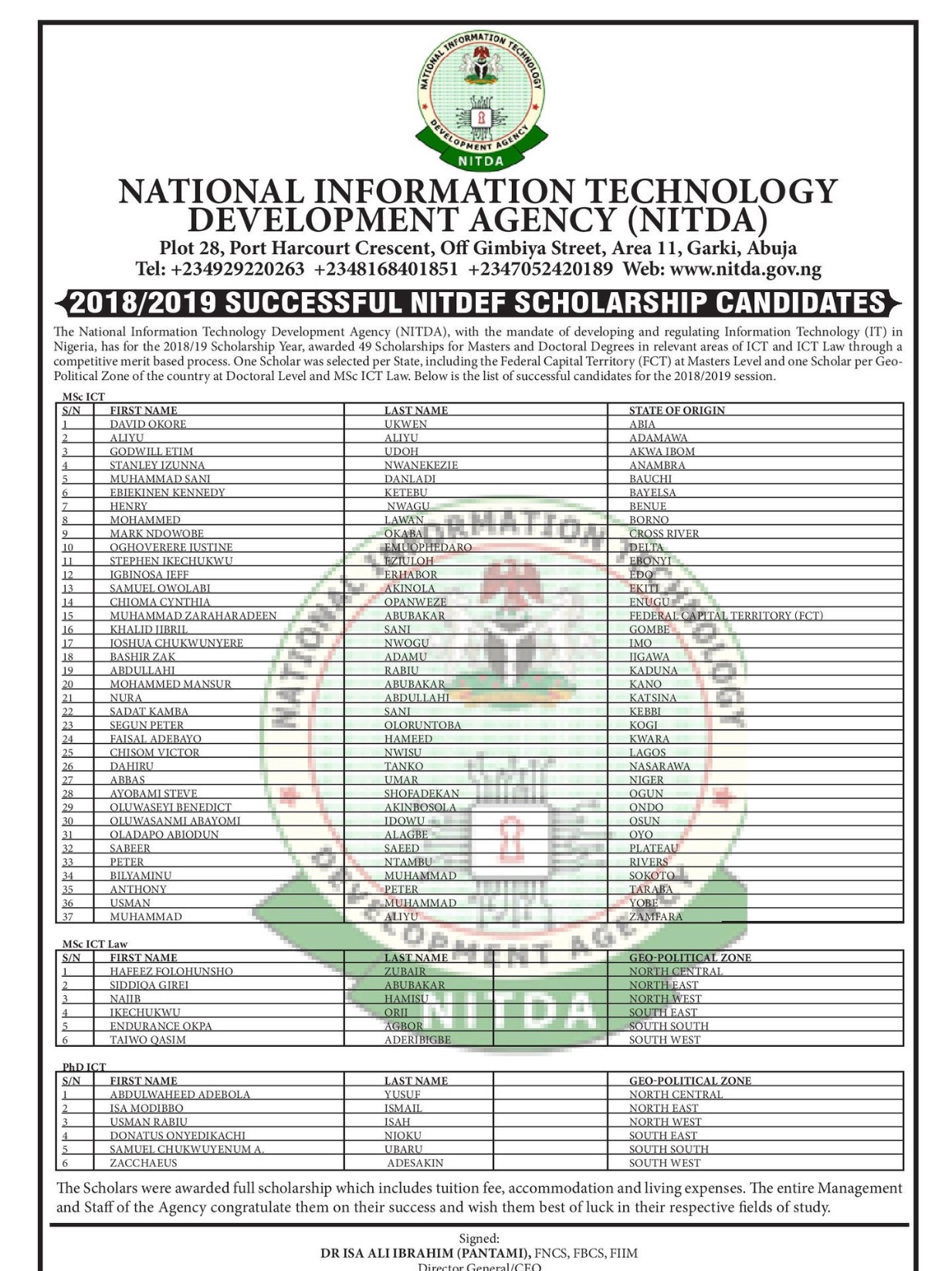 2018/2019 NITDEF scholarship list